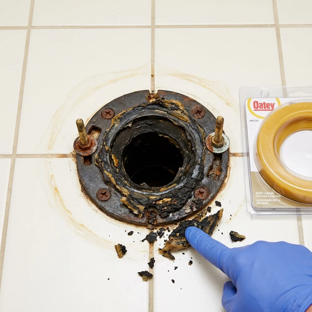 Failed wax ring showing water seepage at the base of a toilet in a Clinton, MA home