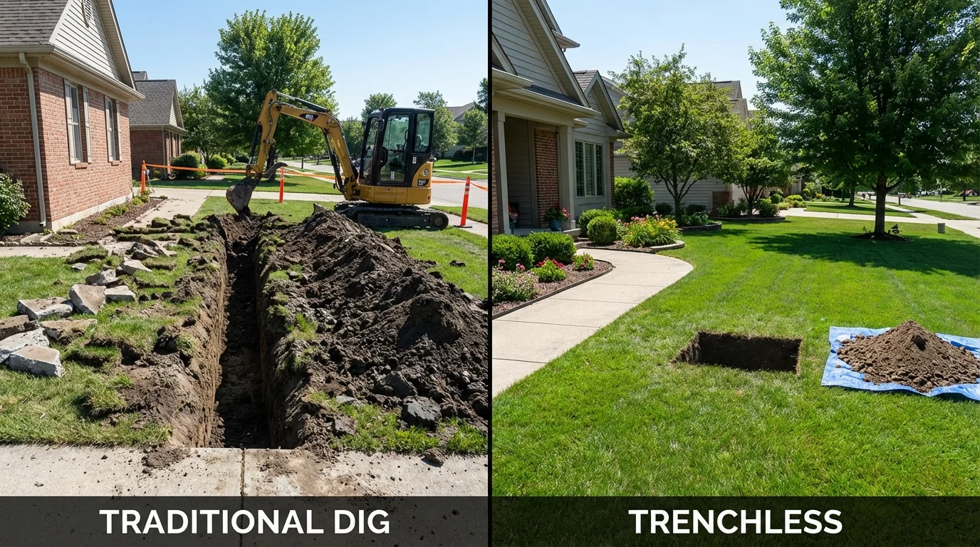 Trenchless sewer repair with minimal yard damage versus traditional excavation in Clinton, MA