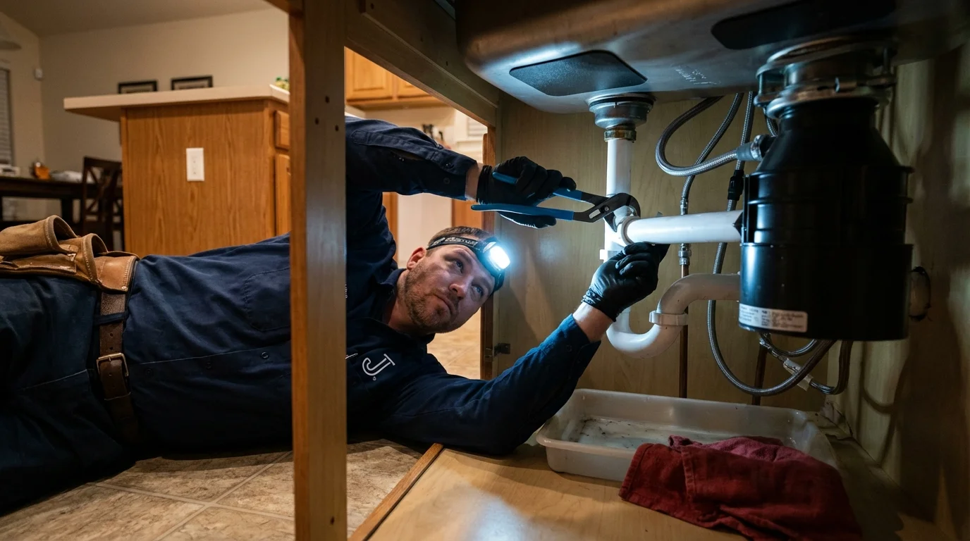 P-trap and supply line connections under a kitchen sink showing a common leak point in Clinton, MA